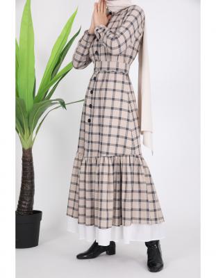 Fırfırlı Düğmeli Kemerli Astarlı Pamuk Uzun Ekose Tesettür Elbise