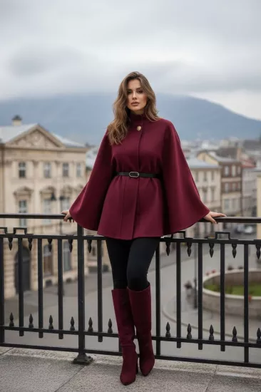 Gold Detaylı Kaşe Pelerin Panço