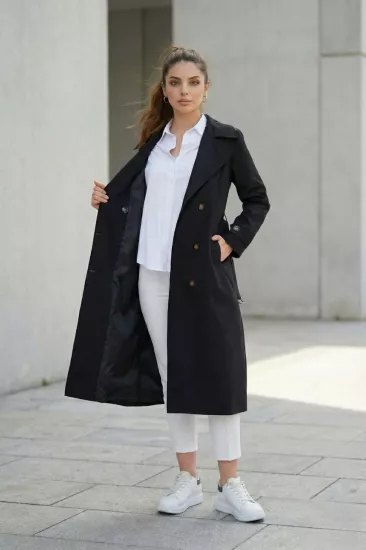 %100 Pamuk Ekstra Uzun (120cm) Kruvaze Kadın Trençkot 1121