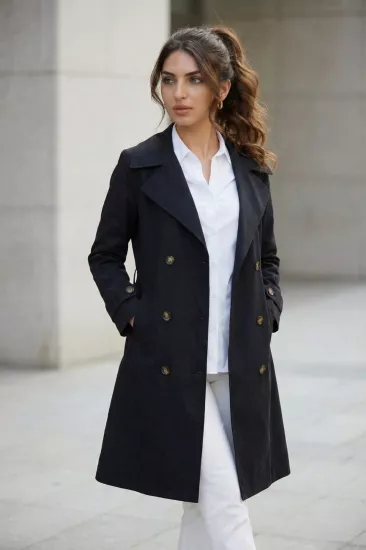 %100 Pamuk Ekstra Uzun (120cm) Kruvaze Kadın Trençkot 1121