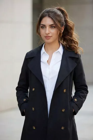 %100 Pamuk Ekstra Uzun (120cm) Kruvaze Kadın Trençkot 1121