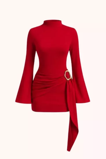 Toka Detaylı Kuşaklı Dik Yaka Mini Kadın Elbise