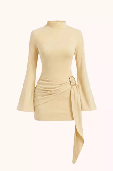 Toka Detaylı Kuşaklı Dik Yaka Mini Kadın Elbise