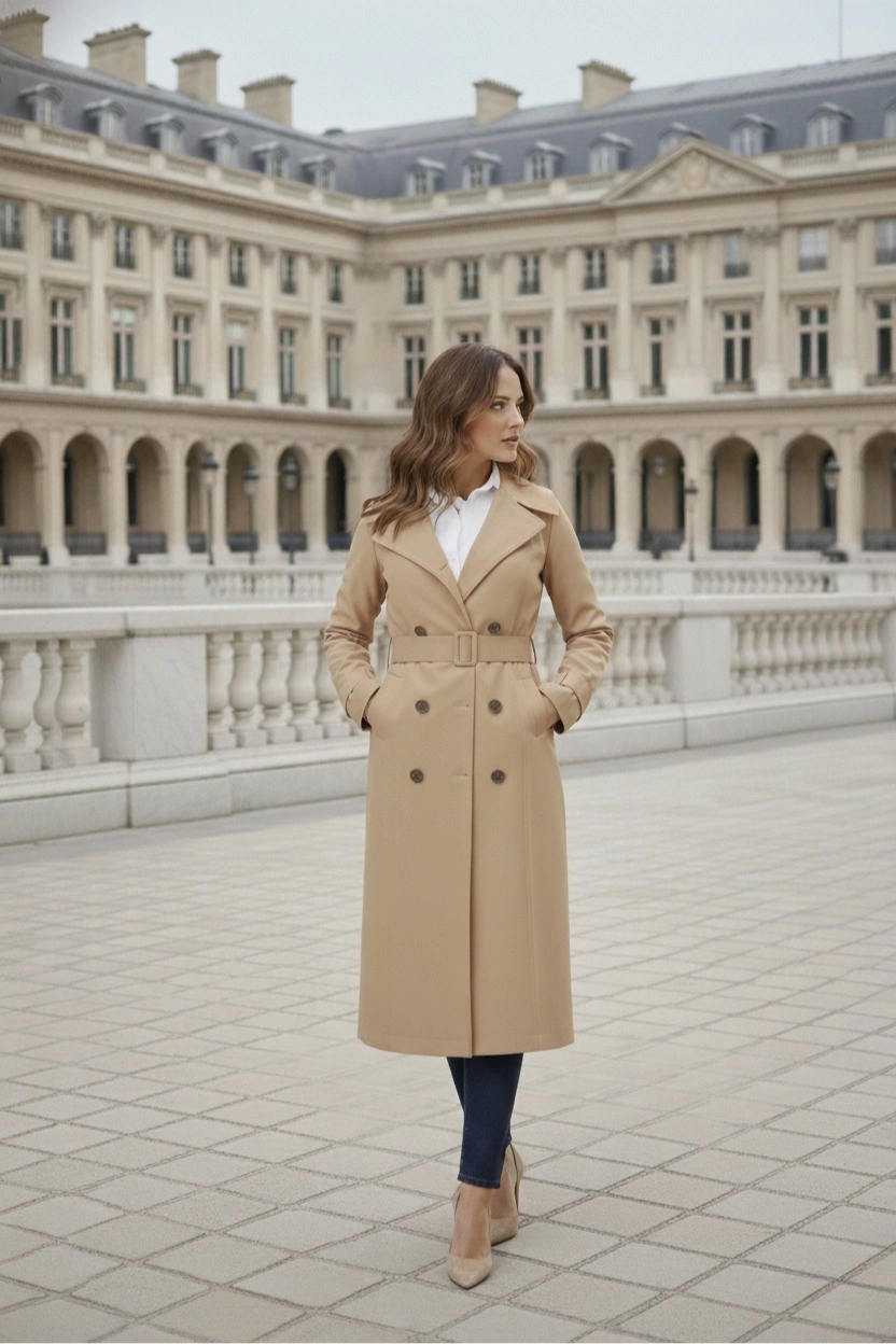 %100 Pamuk Ekstra Uzun (120cm) Kruvaze Kadın Trençkot 1121