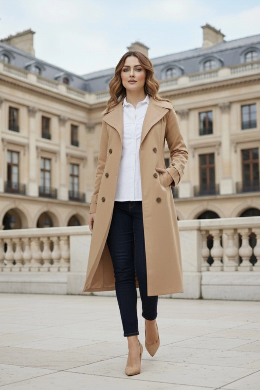 %100 Pamuk Ekstra Uzun (120cm) Kruvaze Kadın Trençkot 1121