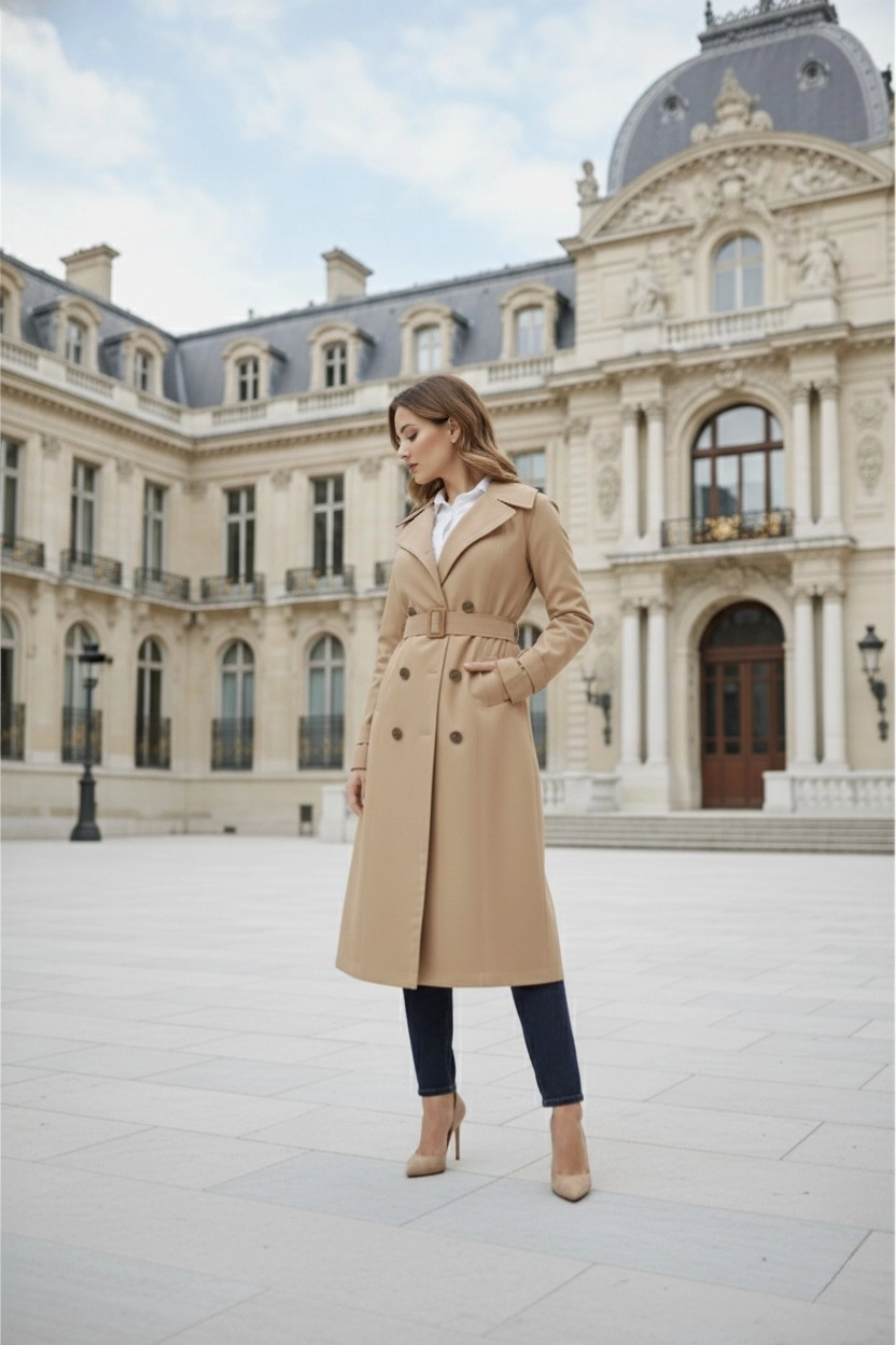 %100 Pamuk Ekstra Uzun (120cm) Kruvaze Kadın Trençkot 1121